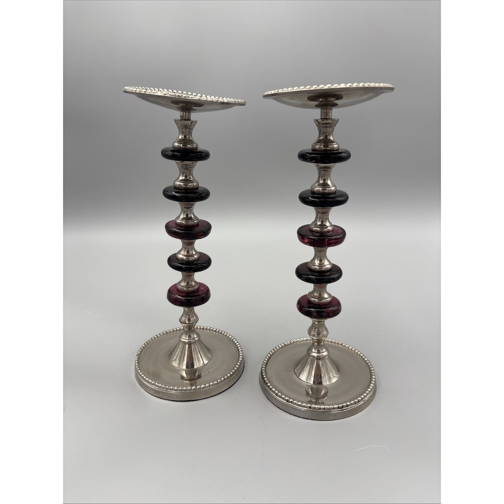 Pillar Candle Holder Set of 2 Made In India Metal Glass Beaded Design Vintage - Picture 2 of 16